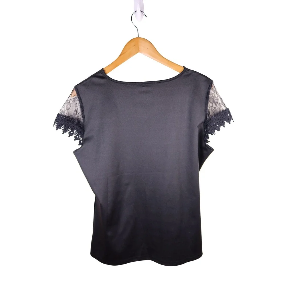 Black Scalloped Neckline Lace Sleeve Blouse Top Women XXL Excellent